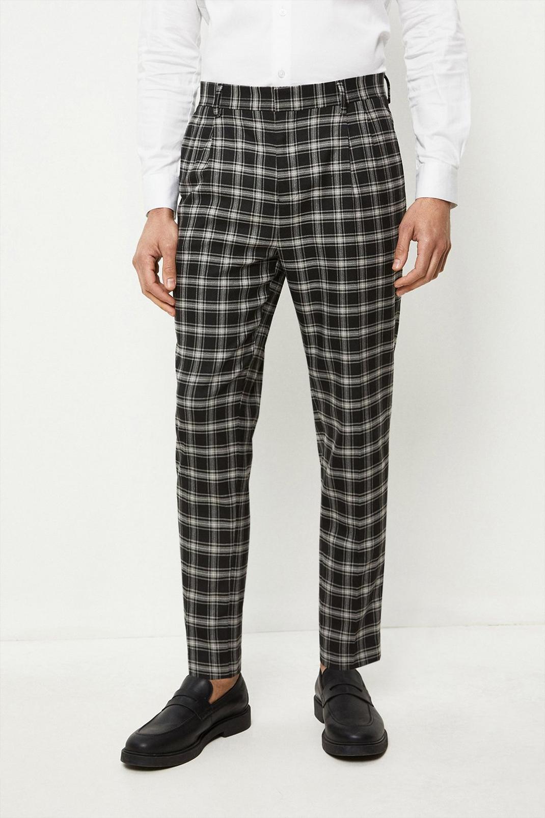 Navy Slim Fit Black Check Pleat Trousers image number 1