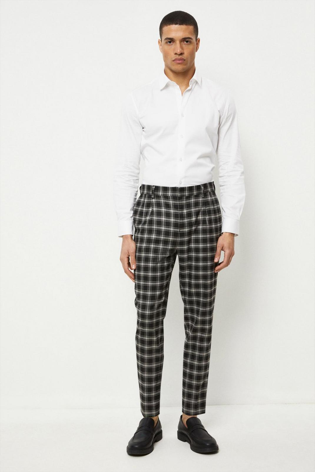 148 Slim Fit Black Check Pleat Trousers image number 2