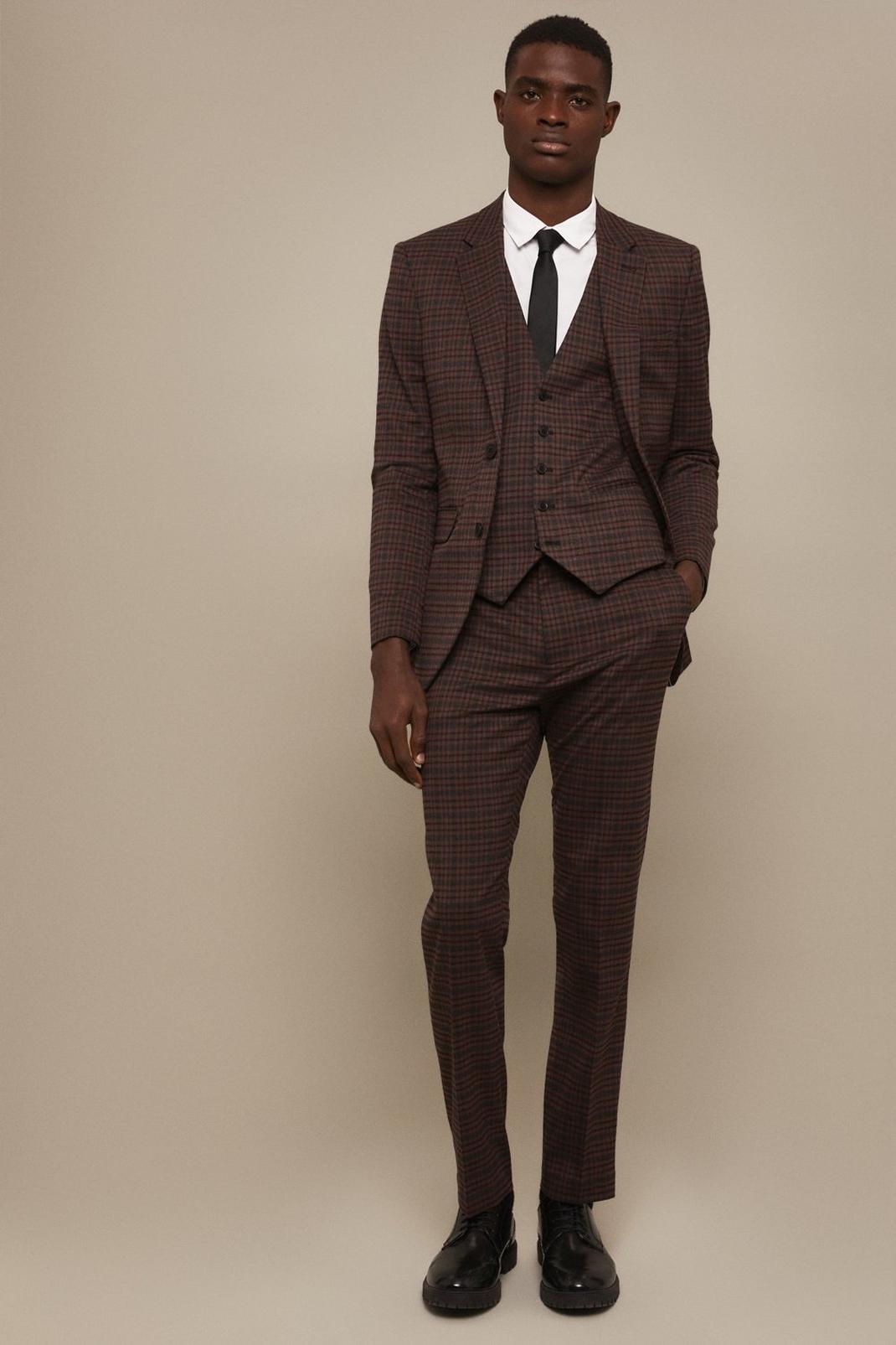 Slim Fit Brown Check Suit Trousers image number 1