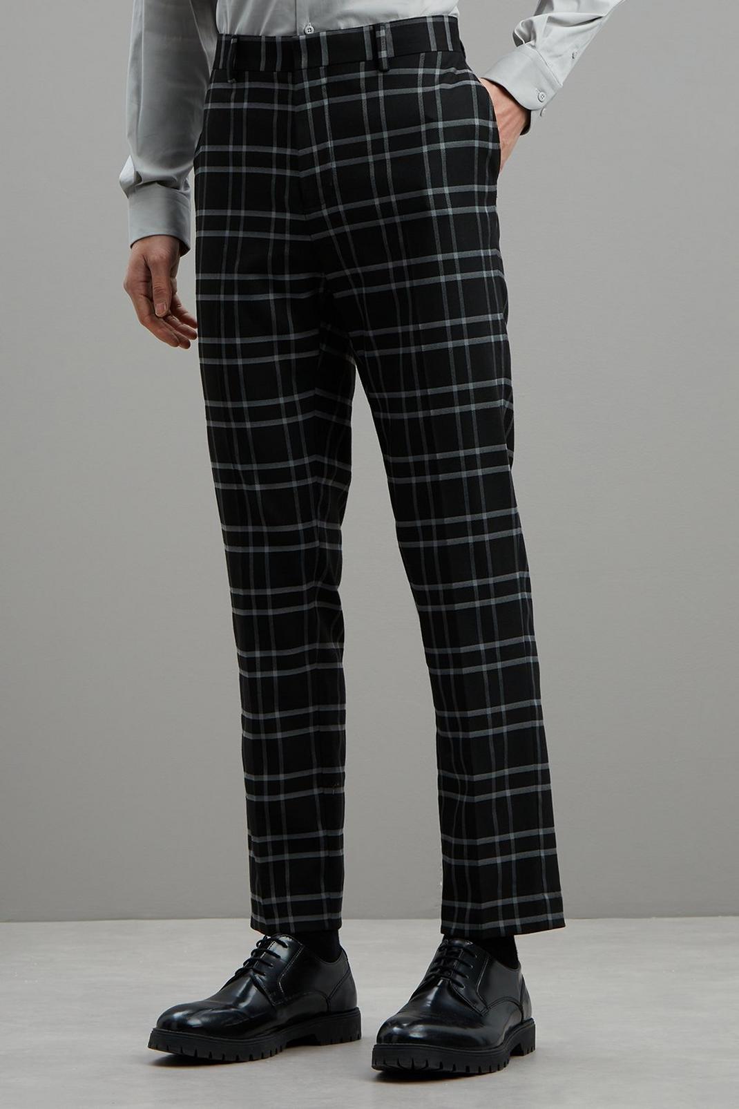 148 Slim Fit Black Check Trousers image number 1