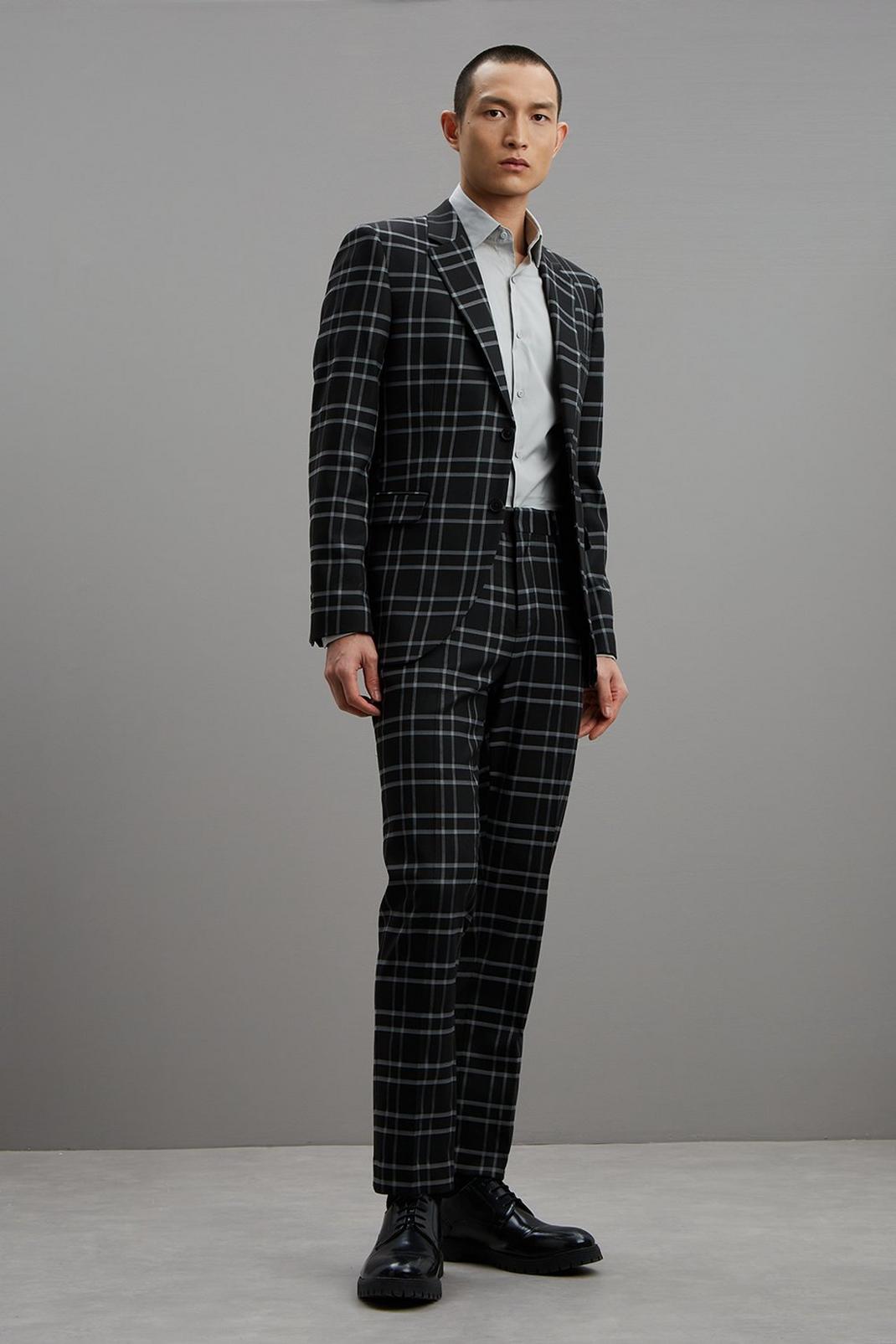 148 Slim Fit Black Check Trousers image number 2