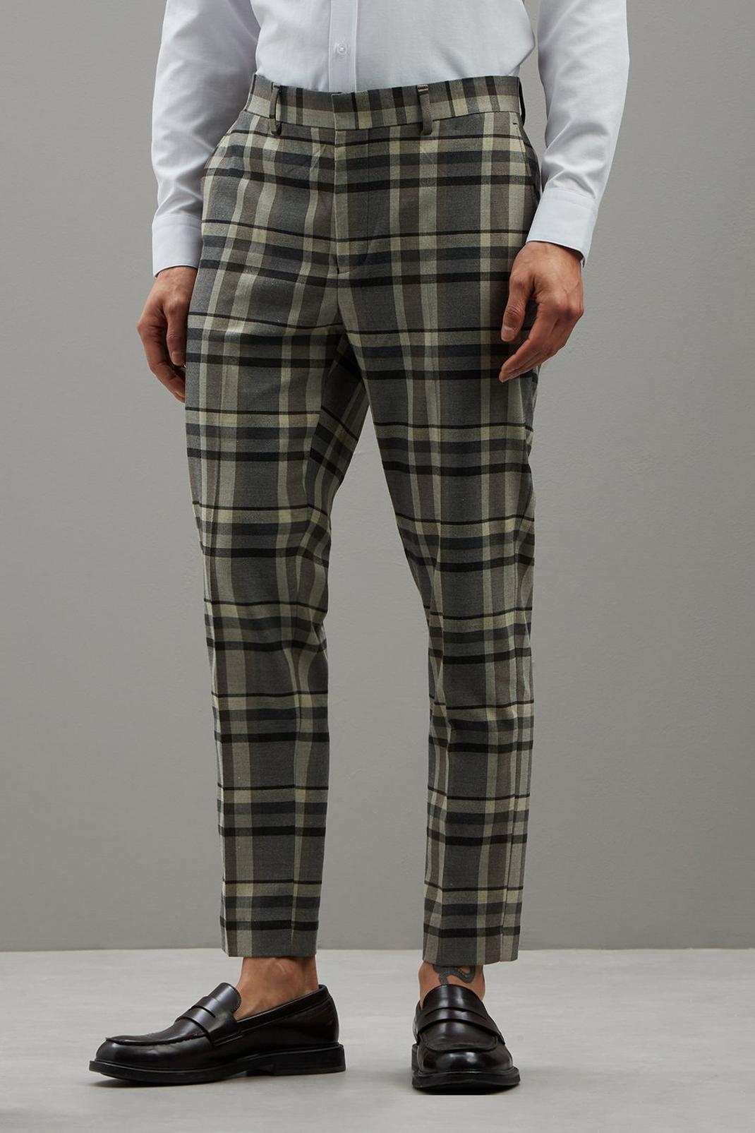 109 Skinny Fit Folk Brown Check Trousers image number 1