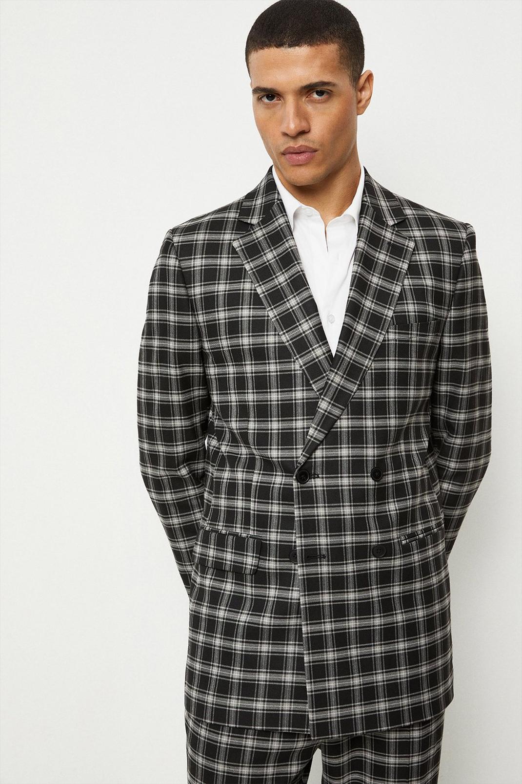 Navy Skinny Fit Black Check Double Breasted Jacket image number 1