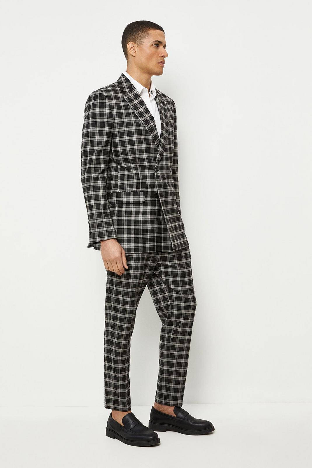 148 Skinny Fit Black Check Double Breasted Jacket image number 2
