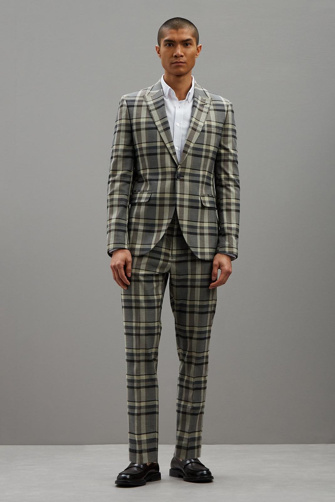 Skinny Fit Folk Brown Check Three-Piece Suit image number 2
