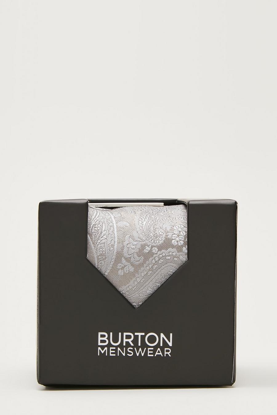 Grey Paisley Tie, Square And Tie Bar Gift Box