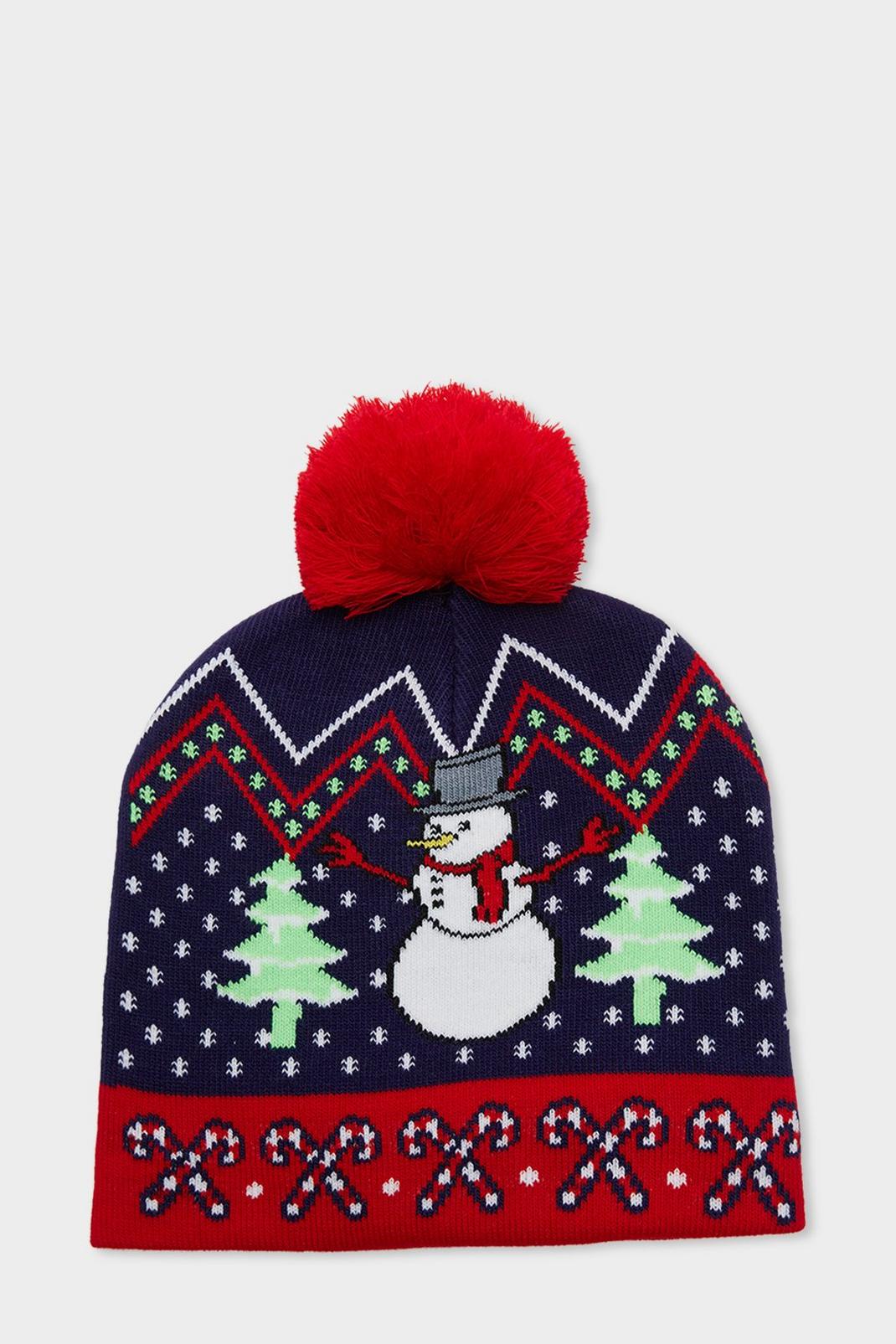 Navy Christmas Snowman Bobble Hat image number 1