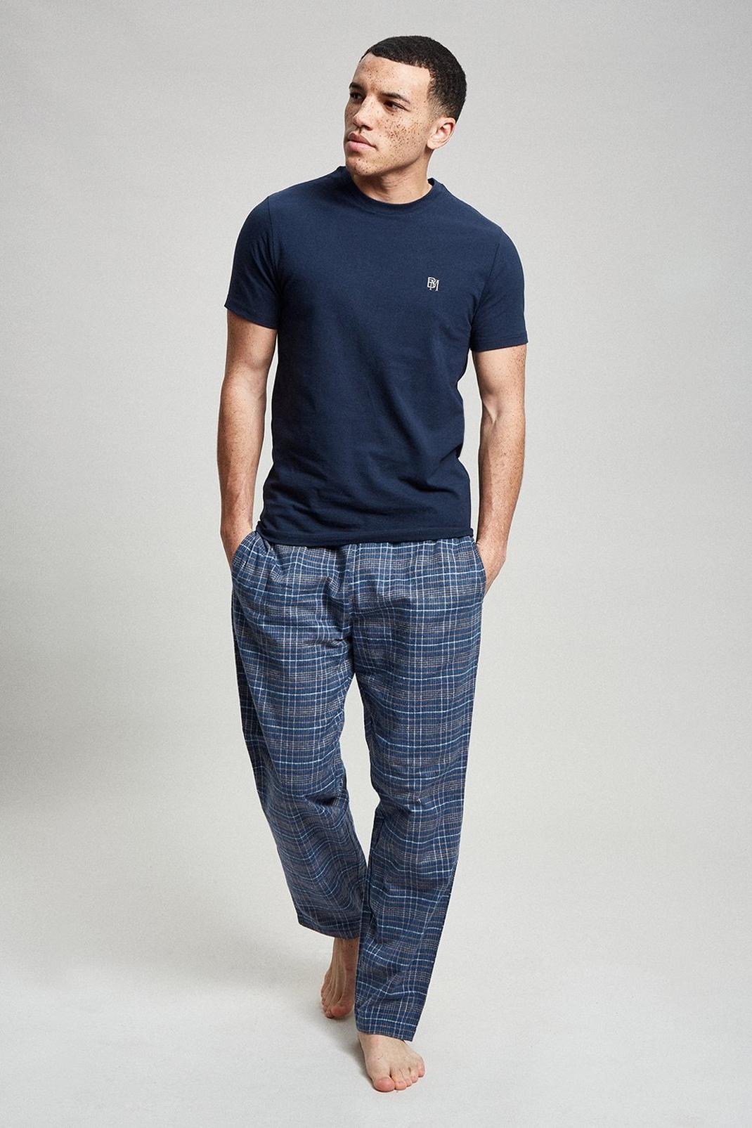 Navy Short Sleeve T-Shirt & Check Pyjama Set image number 1