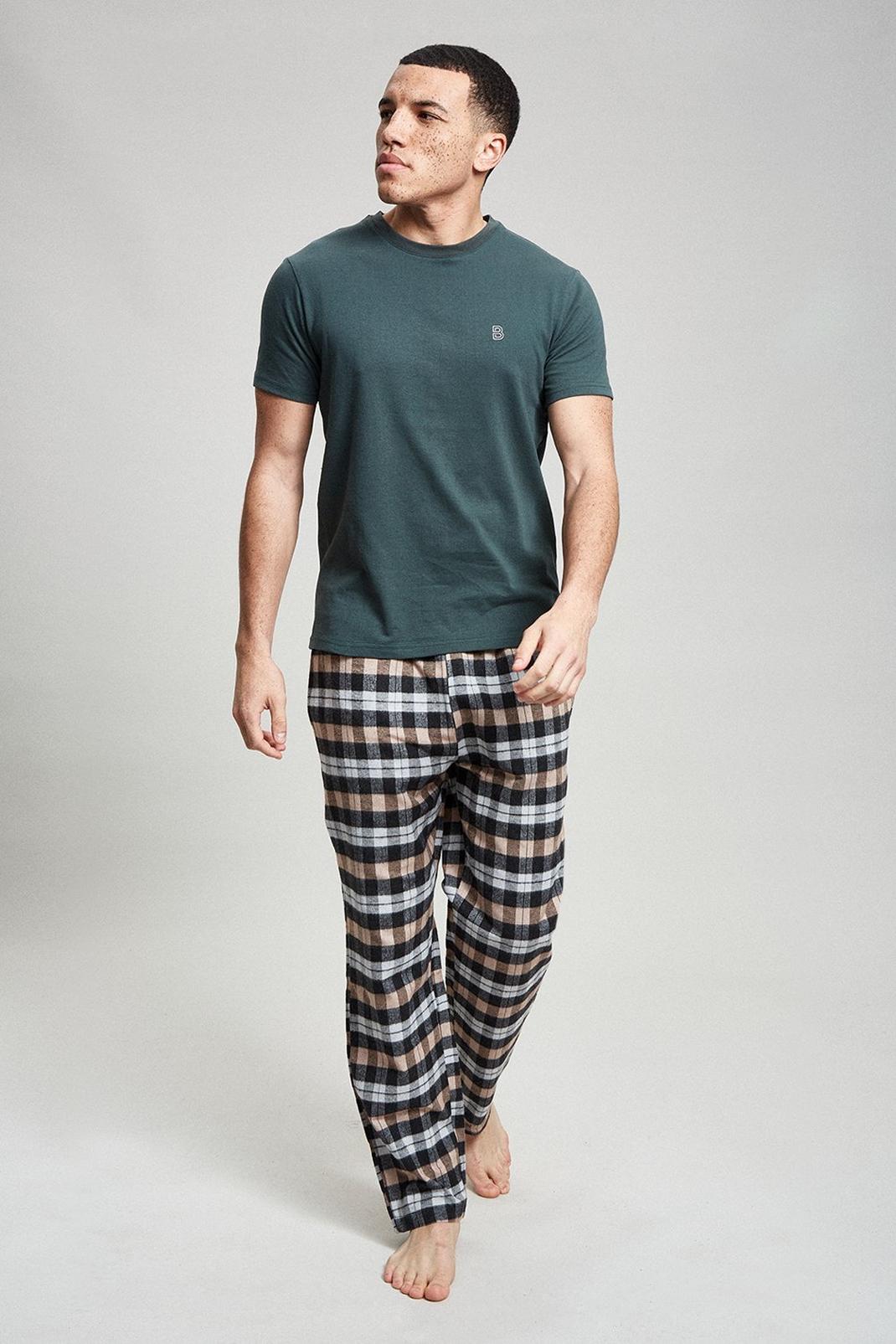 Green Short Sleeve T-Shirt & Check Pyjama Set image number 1