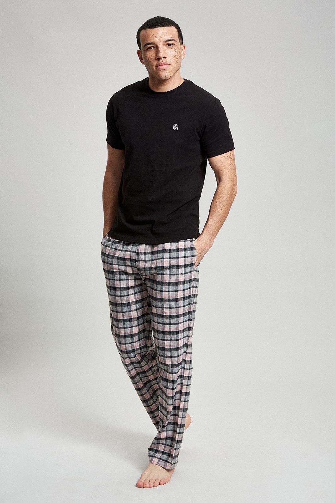 Black Short Sleeve T-Shirt & Check Pyjama Set image number 1