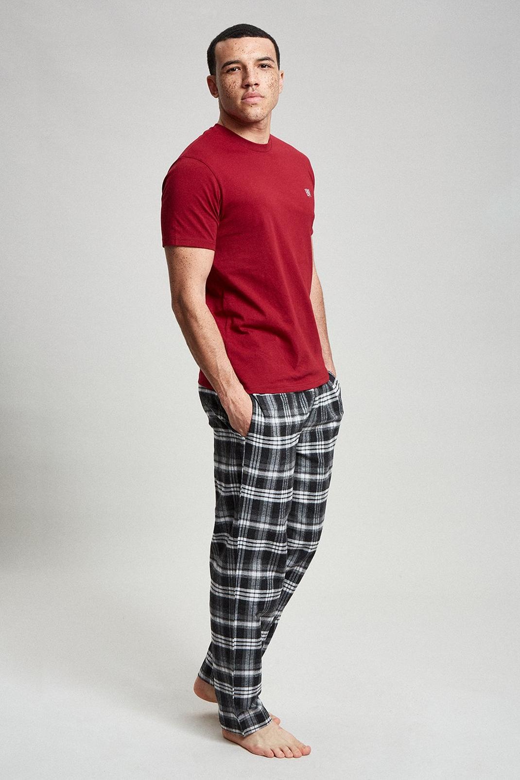 Burgundy Short Sleeve & Check Pyjama Set image number 1