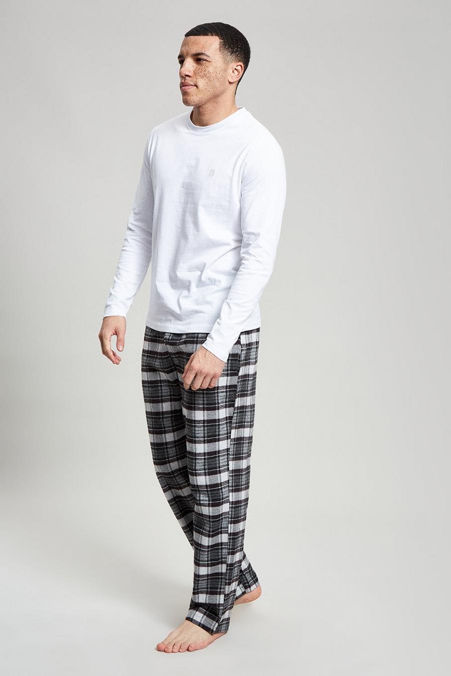 White Long Sleeve Tee & Grey Check Pyjama Set