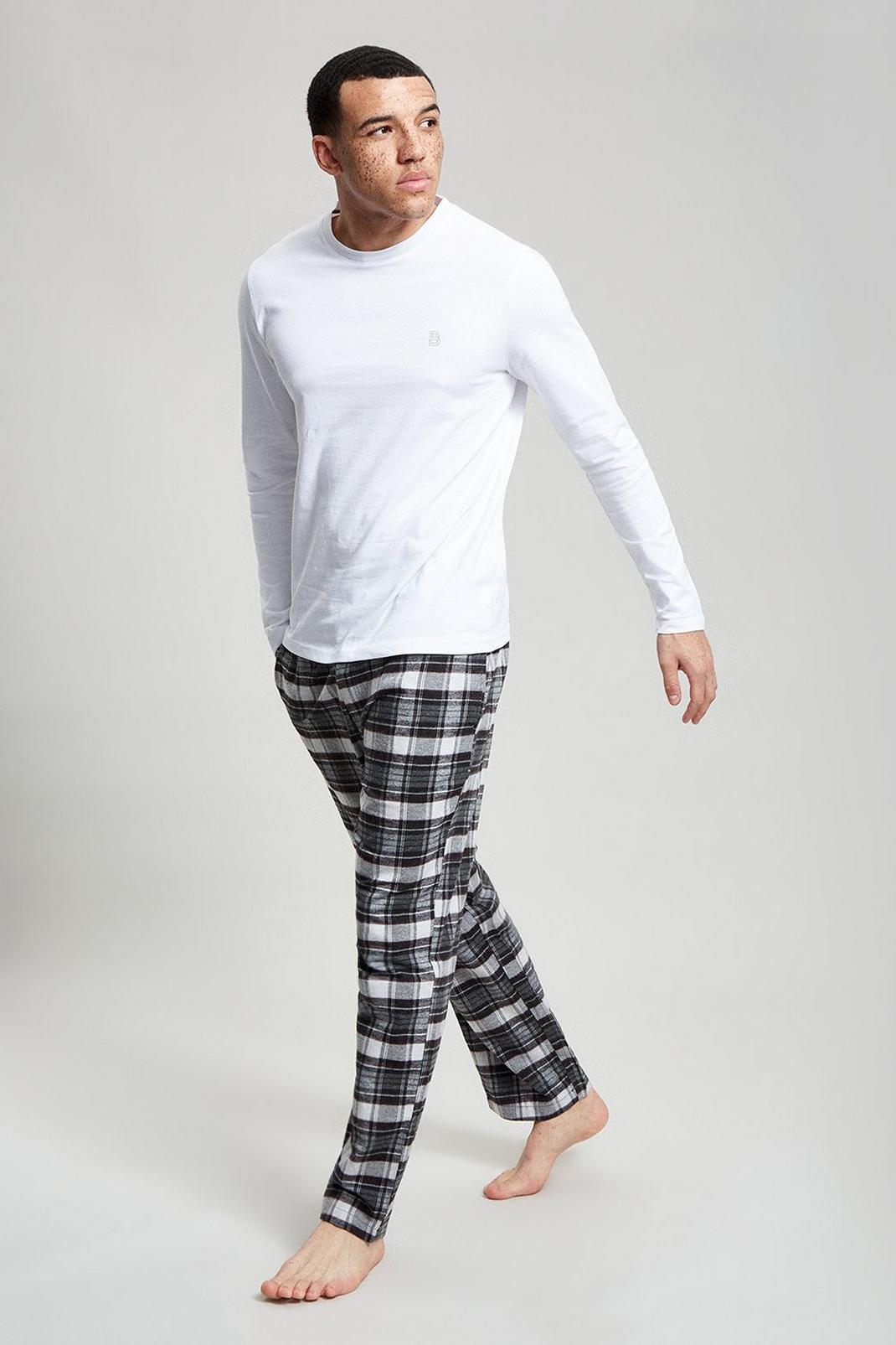 173 White Long Sleeve Tee & Grey Check Pyjama Set image number 2