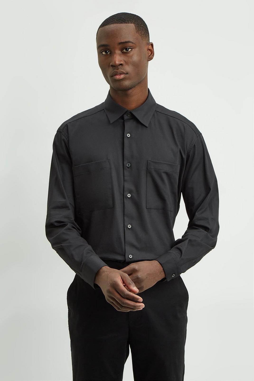 Black Relaxed Fit Patch Pocket Shirt image number 1