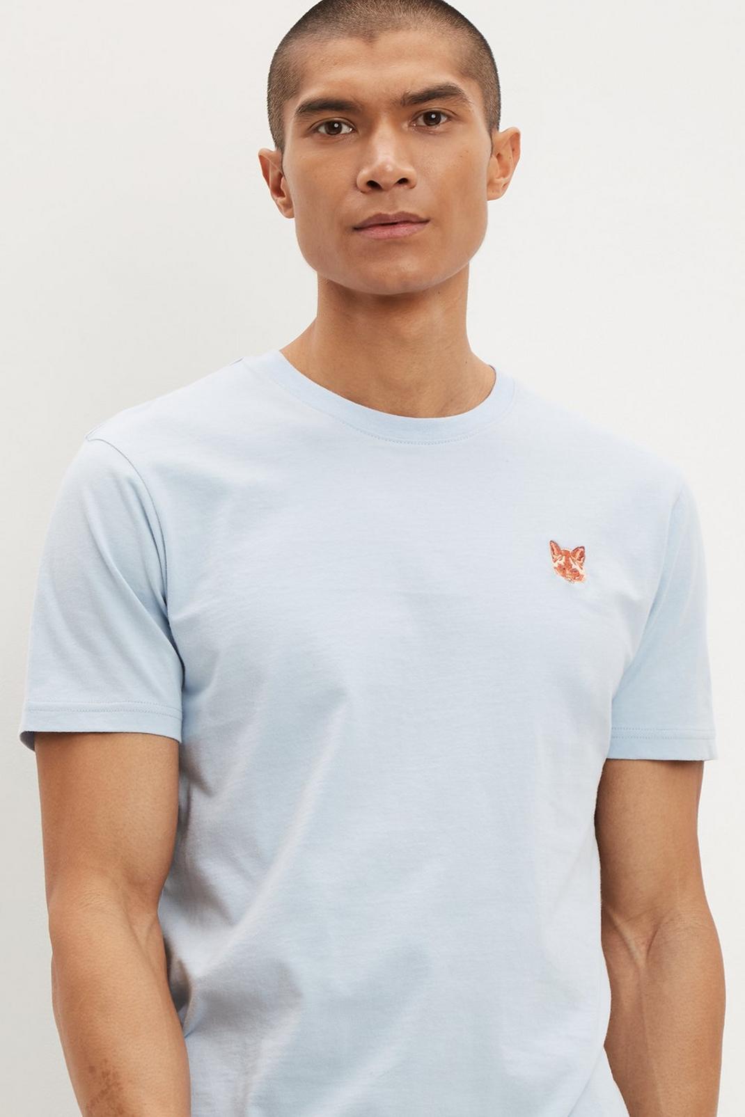 Blue Regular Fit Fox Chest Embroidered T-shirt image number 1