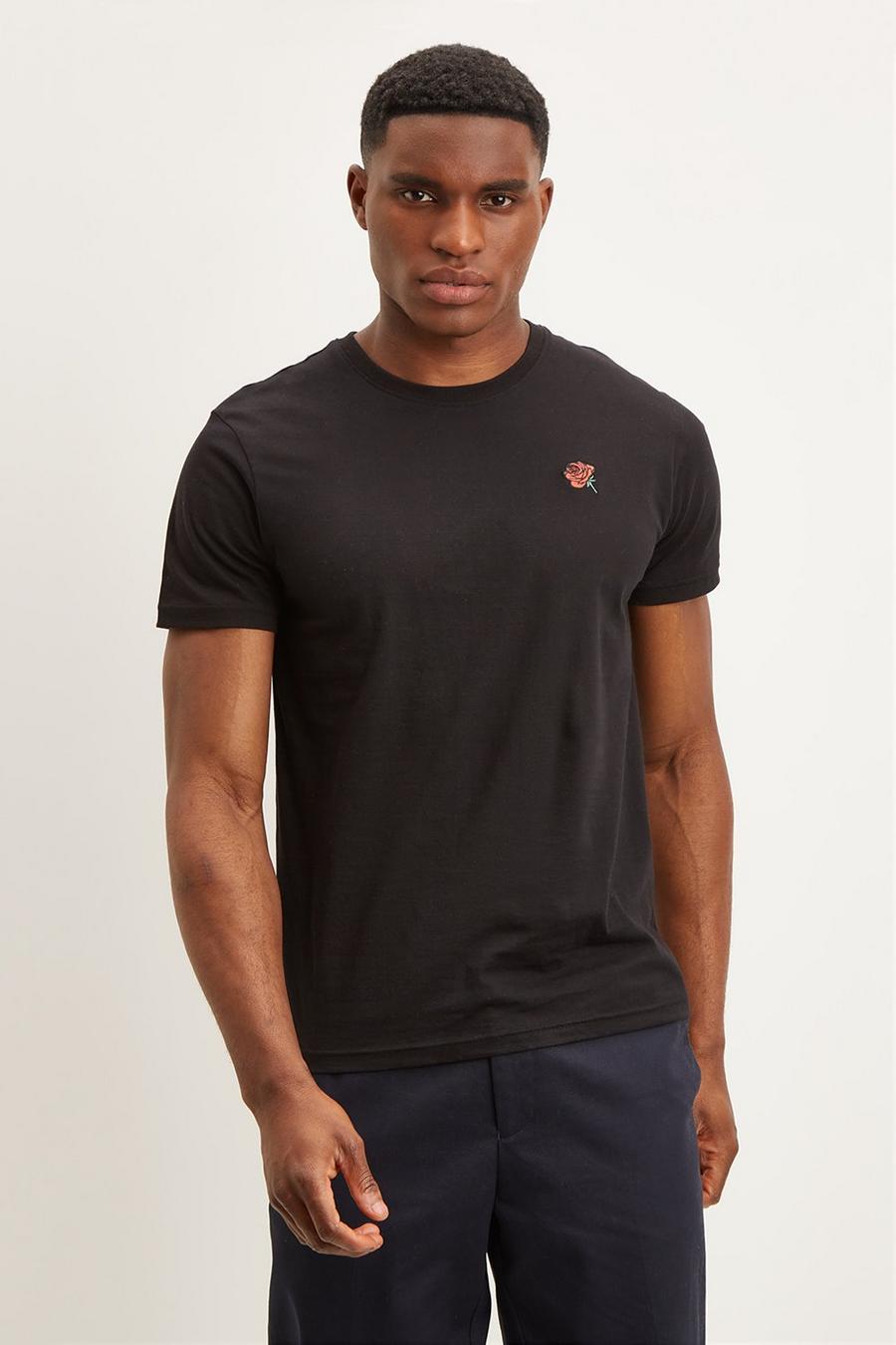 Regular Fit Rose Chest Embroidered T Shirt 