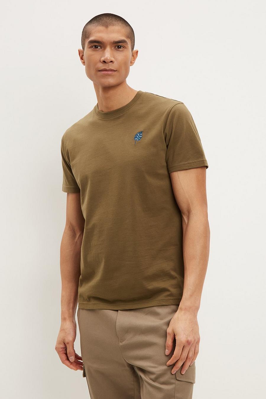 Regular Fit Leaf Chest Embroidered T Shirt