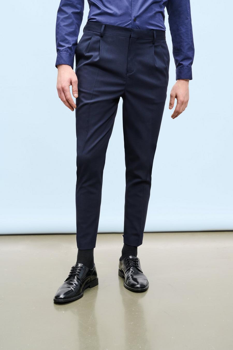 Slim Fit Tapered Fit Navy Pleated Suit Trousers