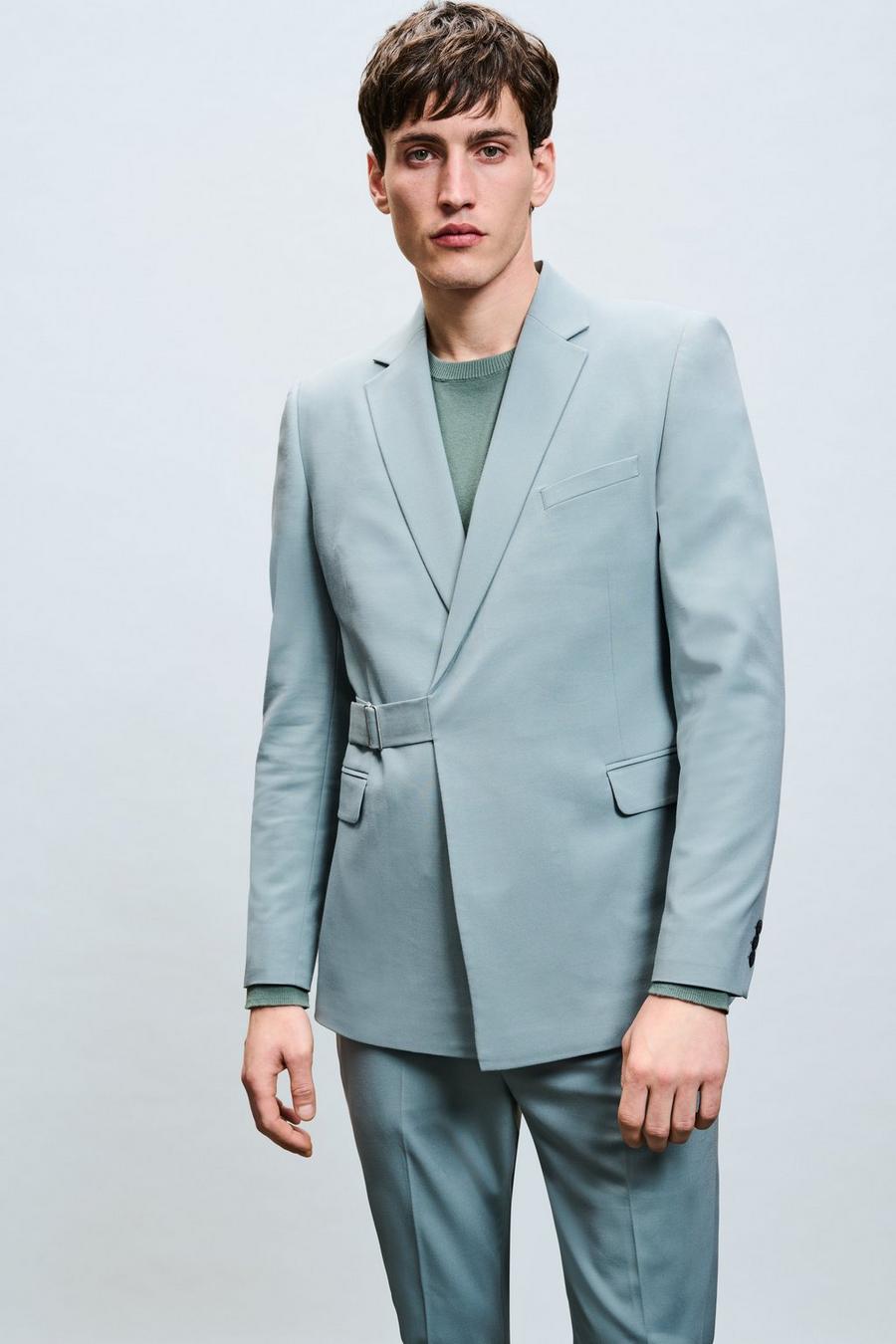 Skinny Fit Green Belted Two-Piece Suit