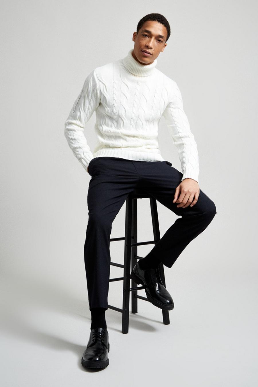 Wool Blend Cable Roll Neck White