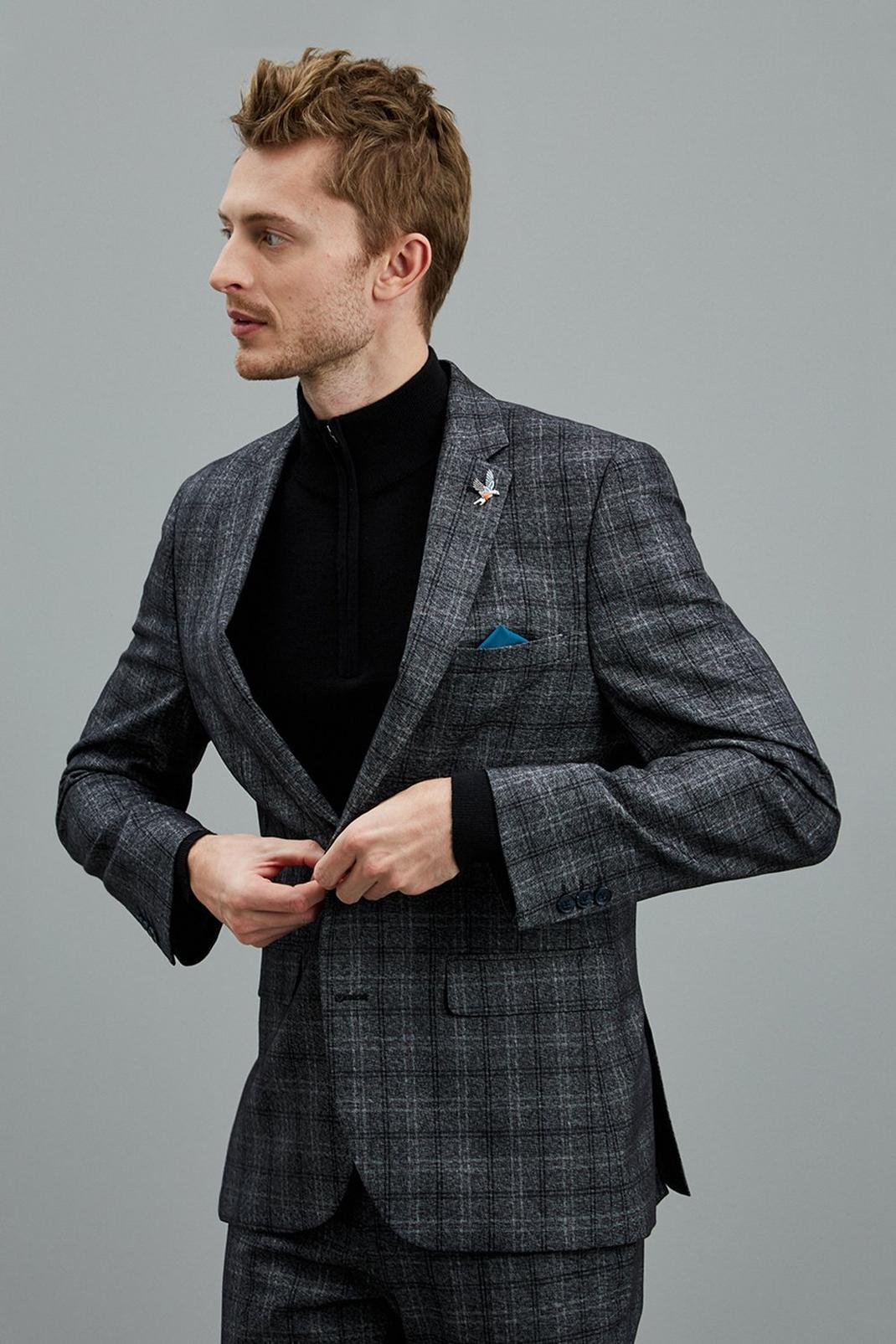131 Slim Fit Grey Texture Check Suit Jacket image number 1