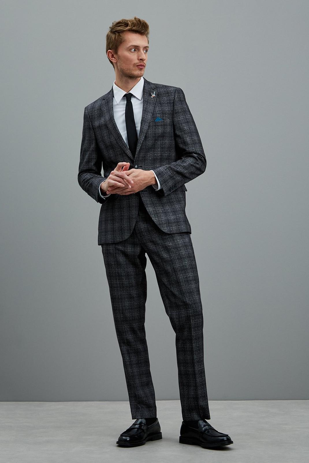 131 Slim Fit Grey Texture Check Suit Jacket image number 2