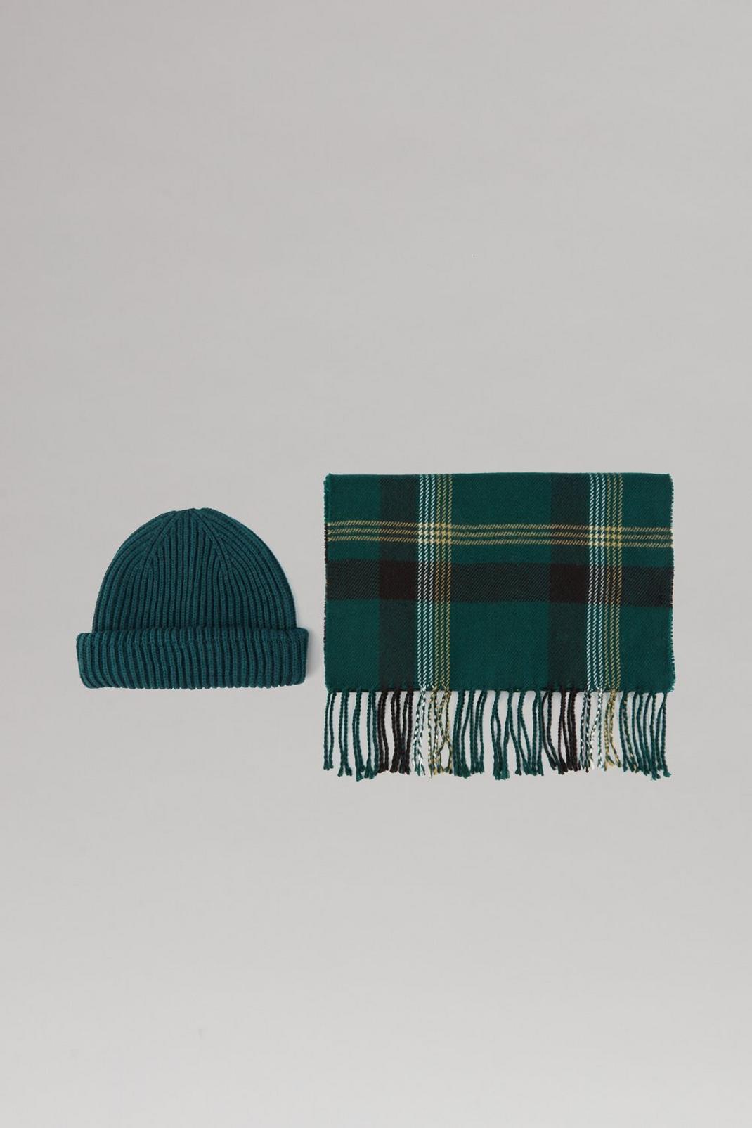 Green Ombre Checked Scarf And Ribbed Beanie Set image number 1