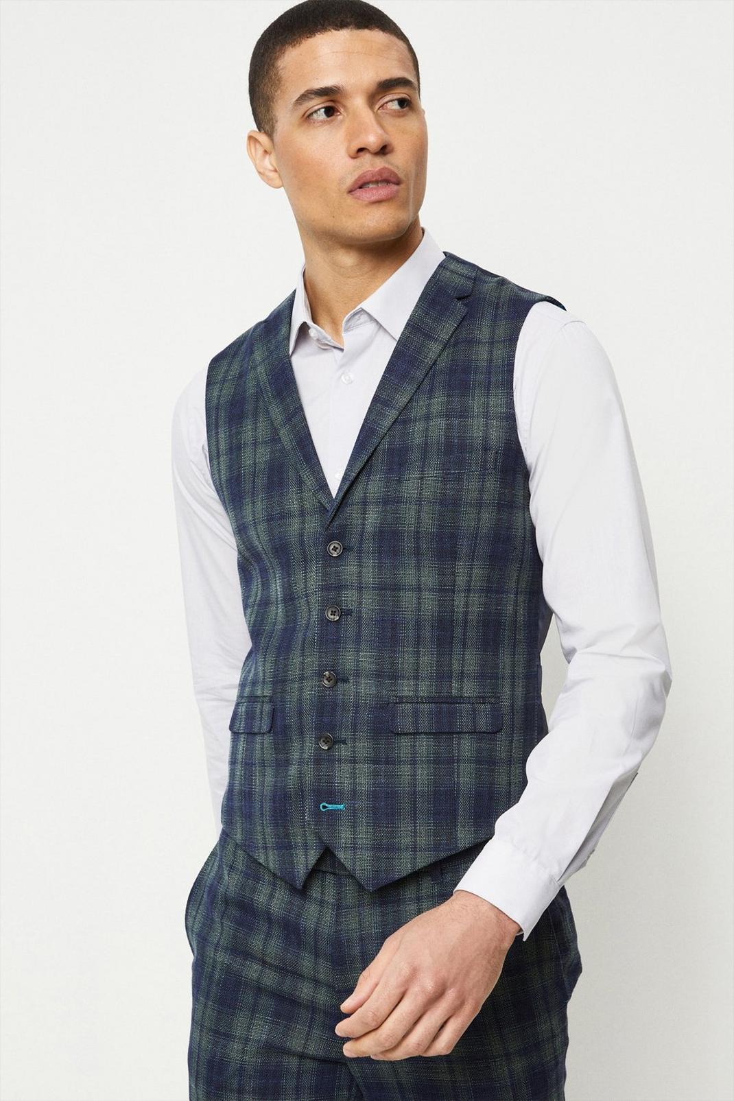 Blue Skinny Fit Navy Green Check Waistcoat image number 1