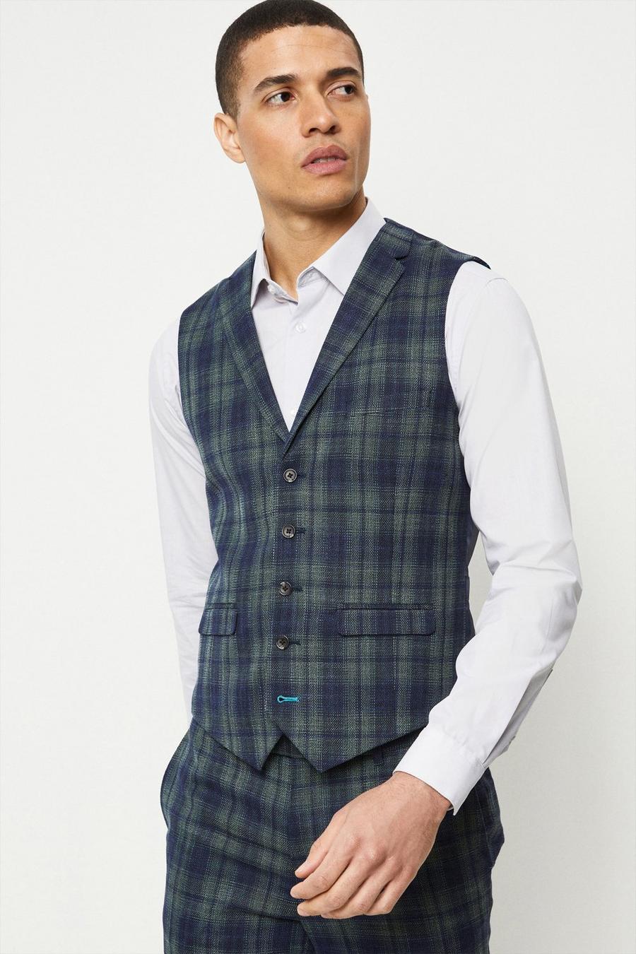 Skinny Fit Navy Green Check Three-Piece Suit