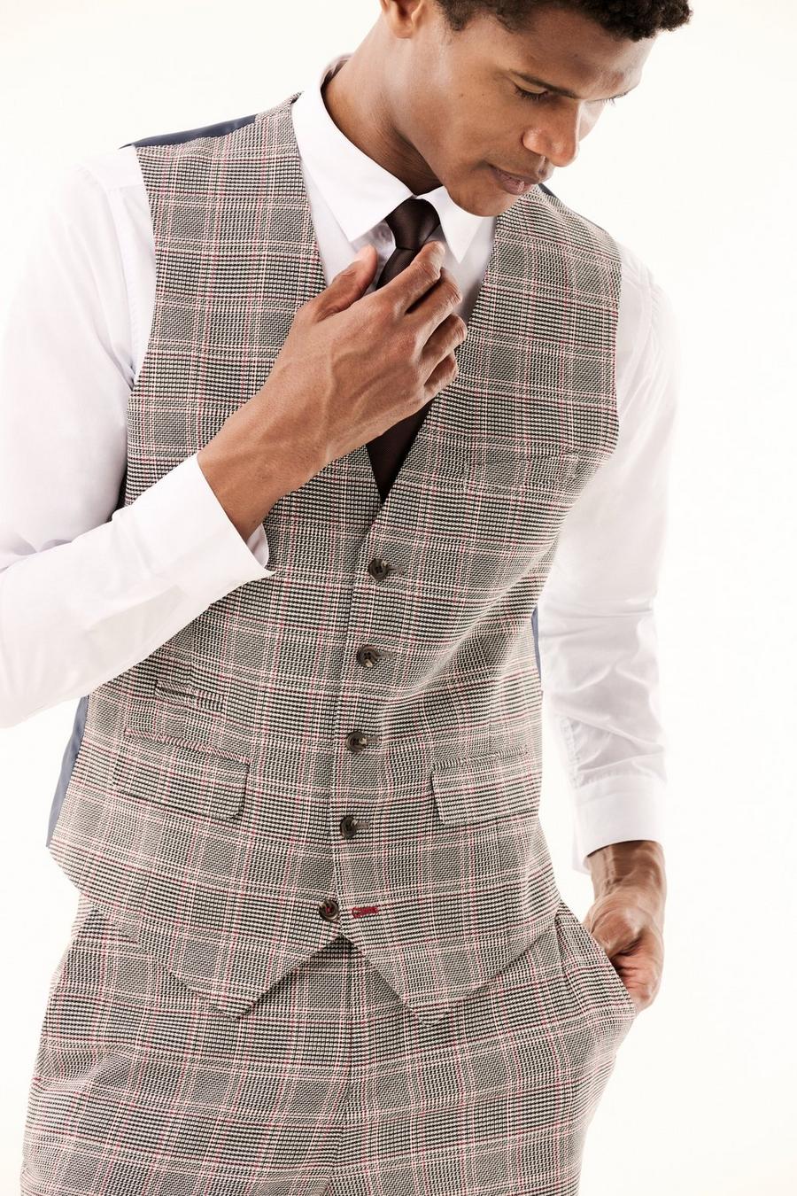 Slim Fit Black And White Highlight Check Waistcoat
