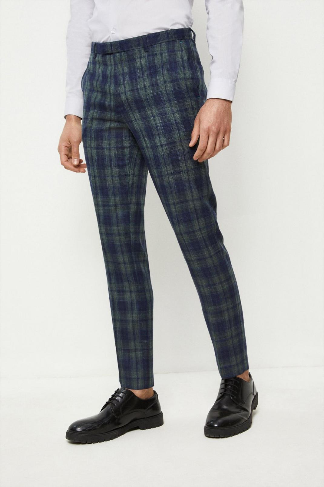 Blue Skinny Fit Navy Green Check Trousers image number 1