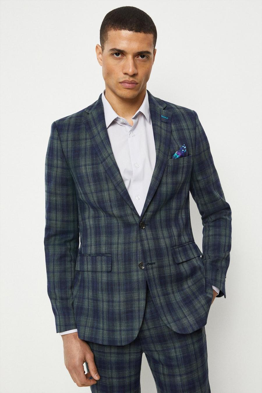 Skinny Fit Navy Green Check Suit Jacket