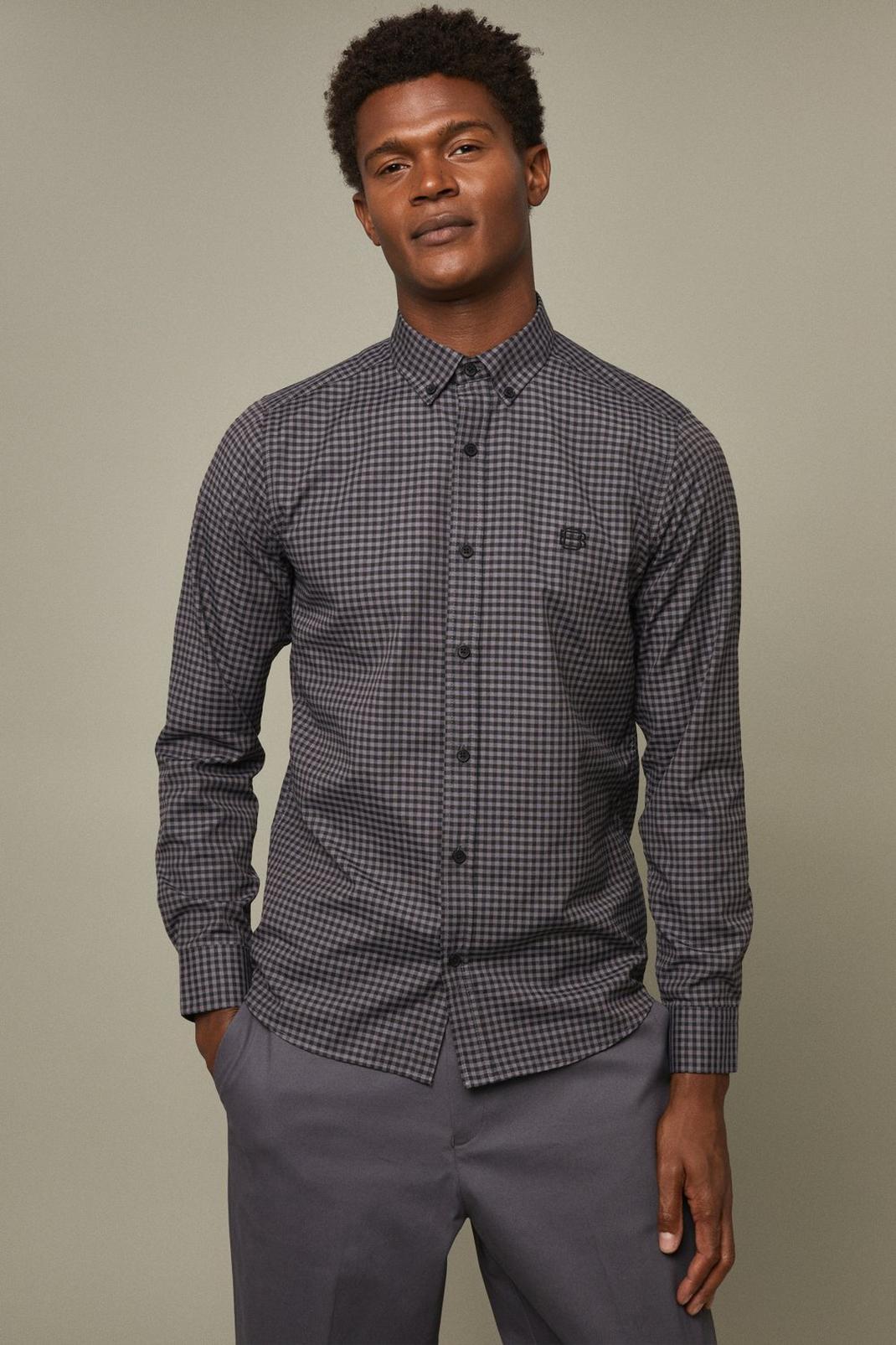 Grey Long Sleeve Gingham Oxford Shirt image number 1
