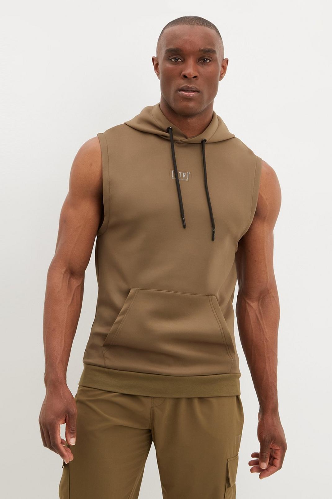Khaki RTR Relaxed Fit Running Hooded Tank Vest image number 1