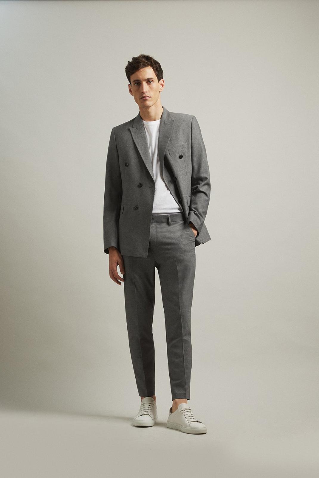 Slim Fit Grey Basketweave Double Breasted Suit Jacket image number 1