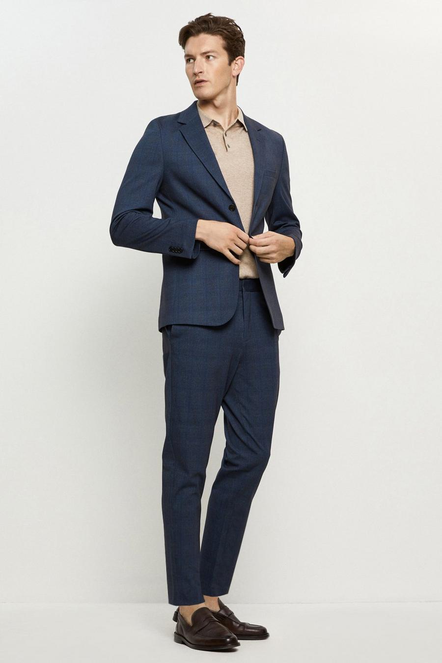 Slim Blue Check Jersey Two Piece Suit