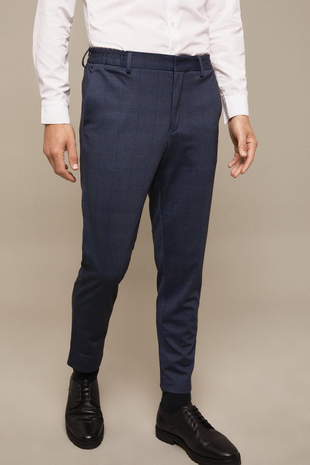 Blue Slim Fit Check Jersey Smart Trousers image number 1