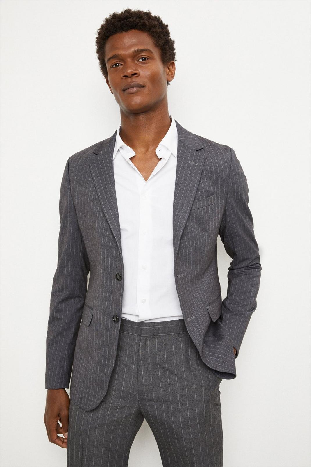 Slim Fit Grey Stripe Jersey Suit Jacket image number 1