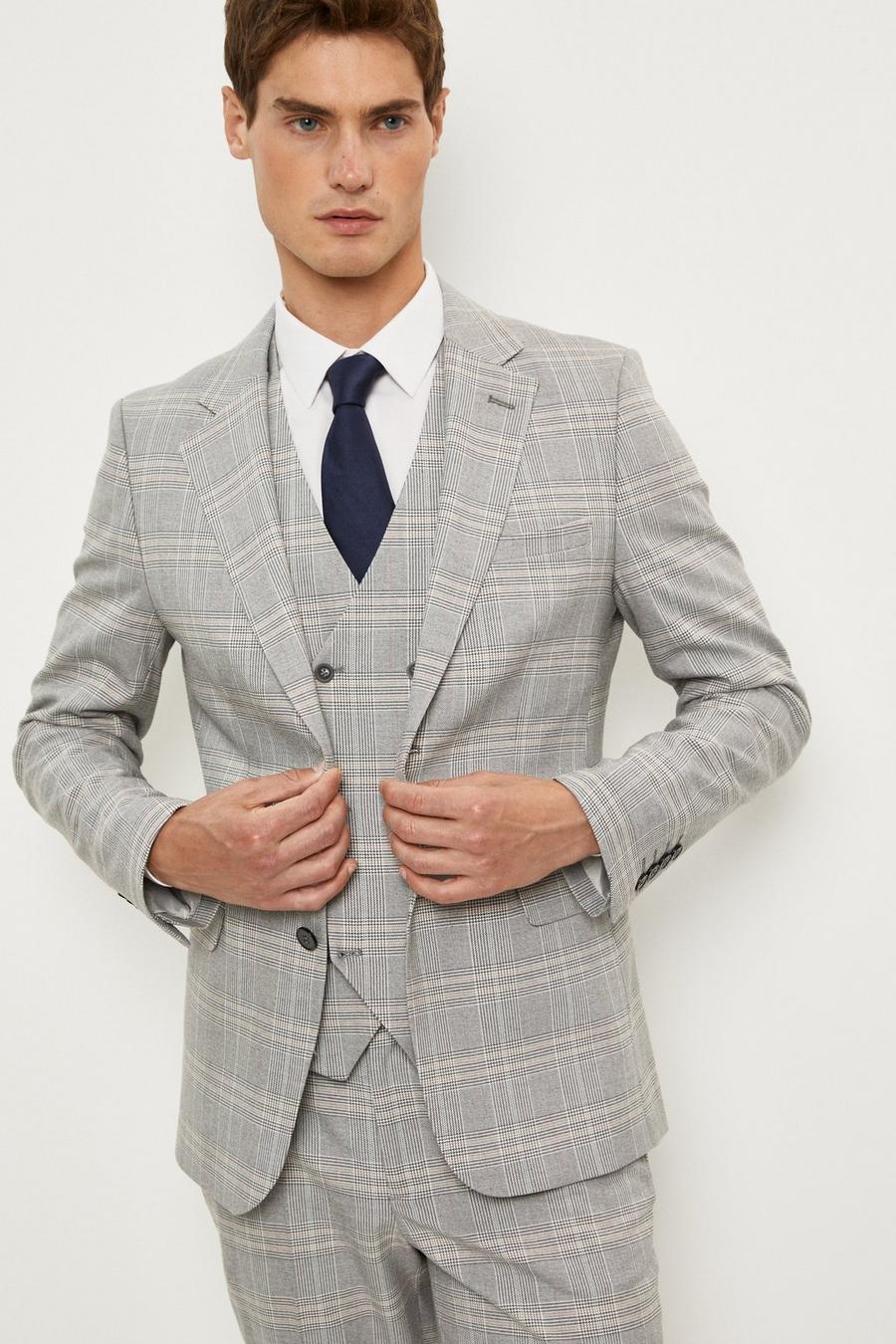 Slim Fit Light Grey Overcheck Three-Piece Suit 
