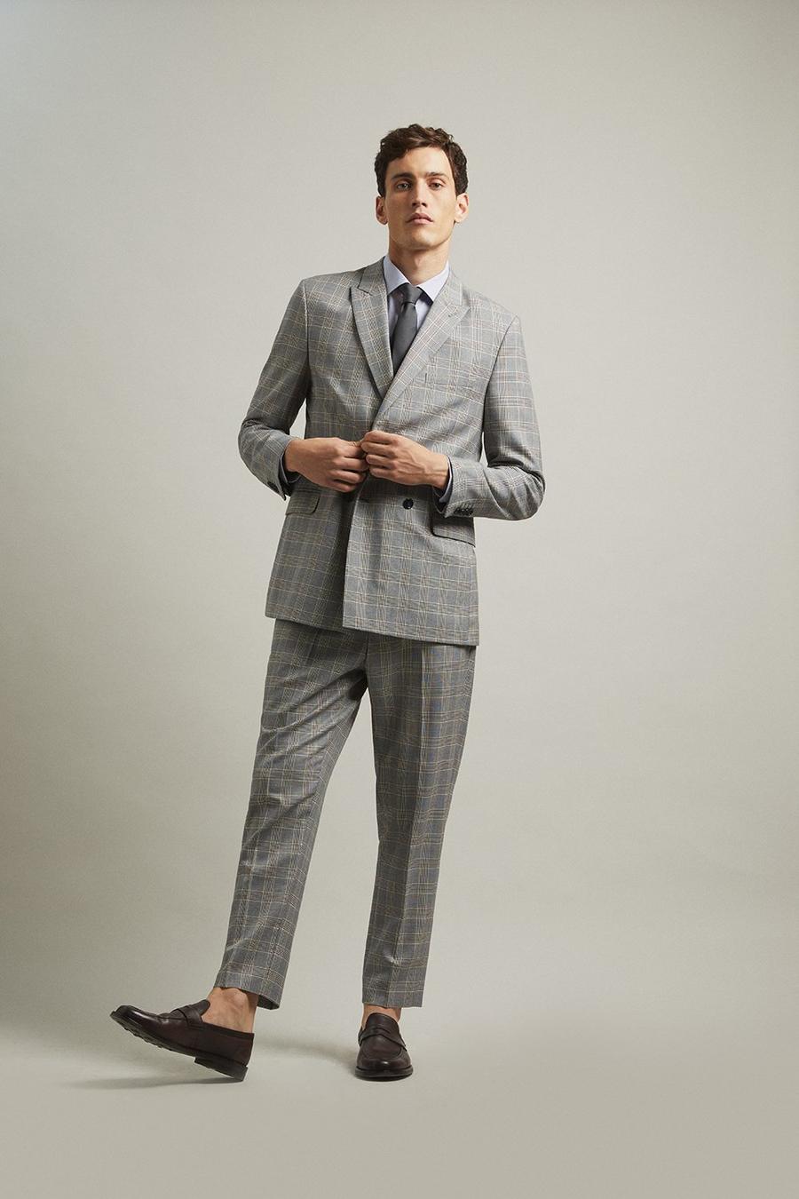 Relaxed Fit Blue Multi Double Breasted Suit Jacket