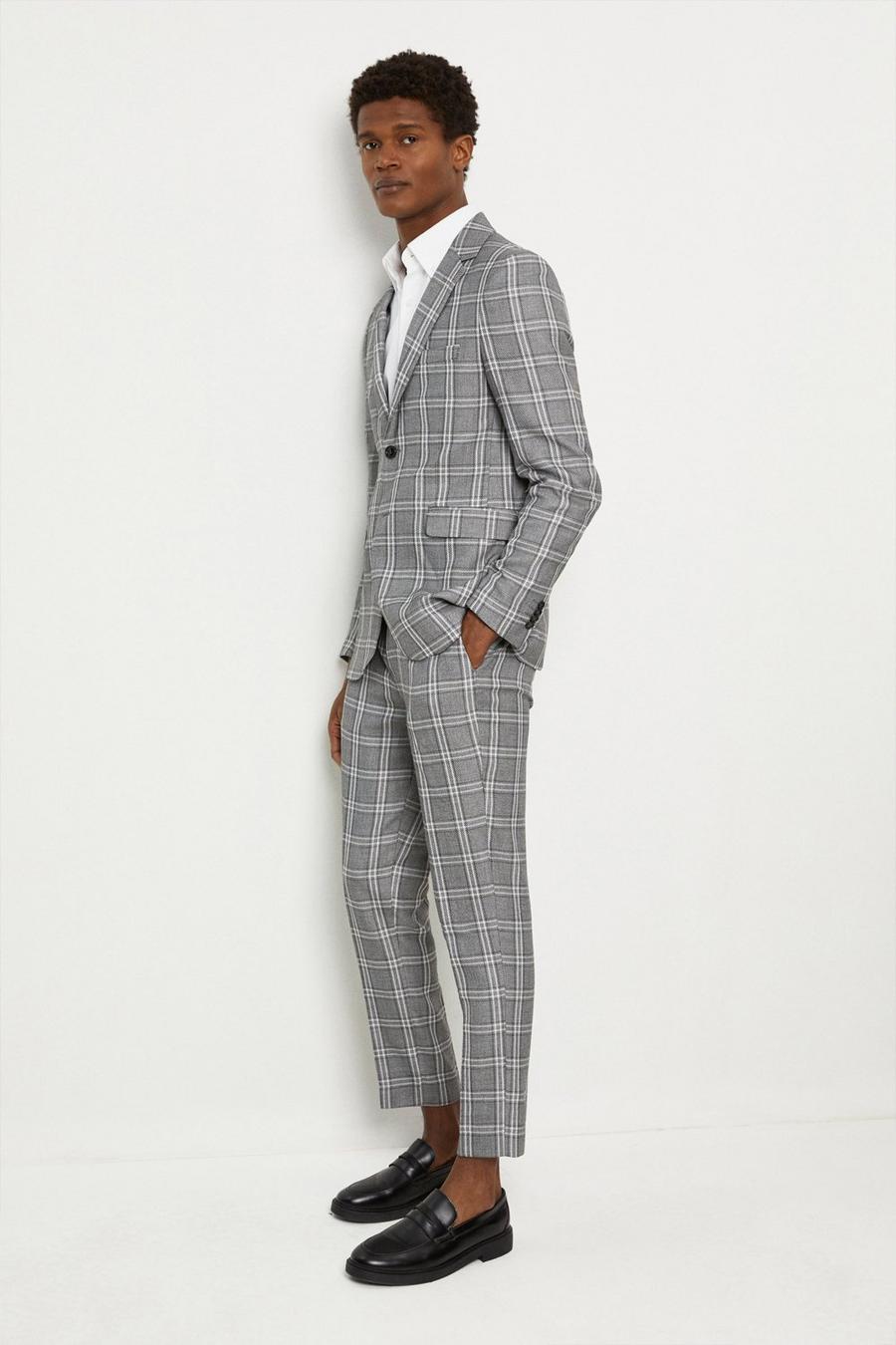 Skinny Fit Grey Textured Check Suit Jacket