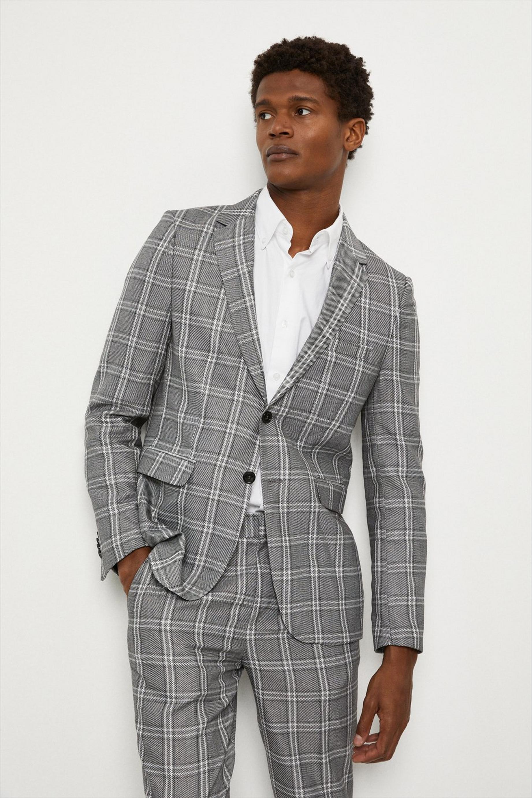 Skinny Fit Grey Textured Check Three-Piece Suit