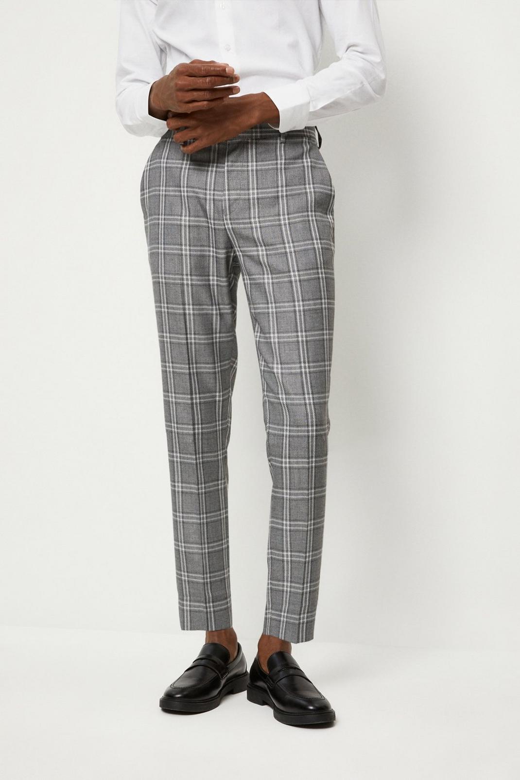 Skinny Fit Grey Textured Check Suit Trousers image number 1