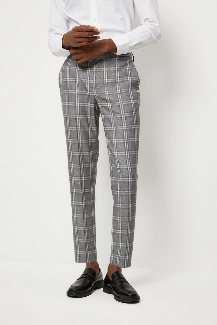 Skinny Fit Grey Textured Check Suit Trouser