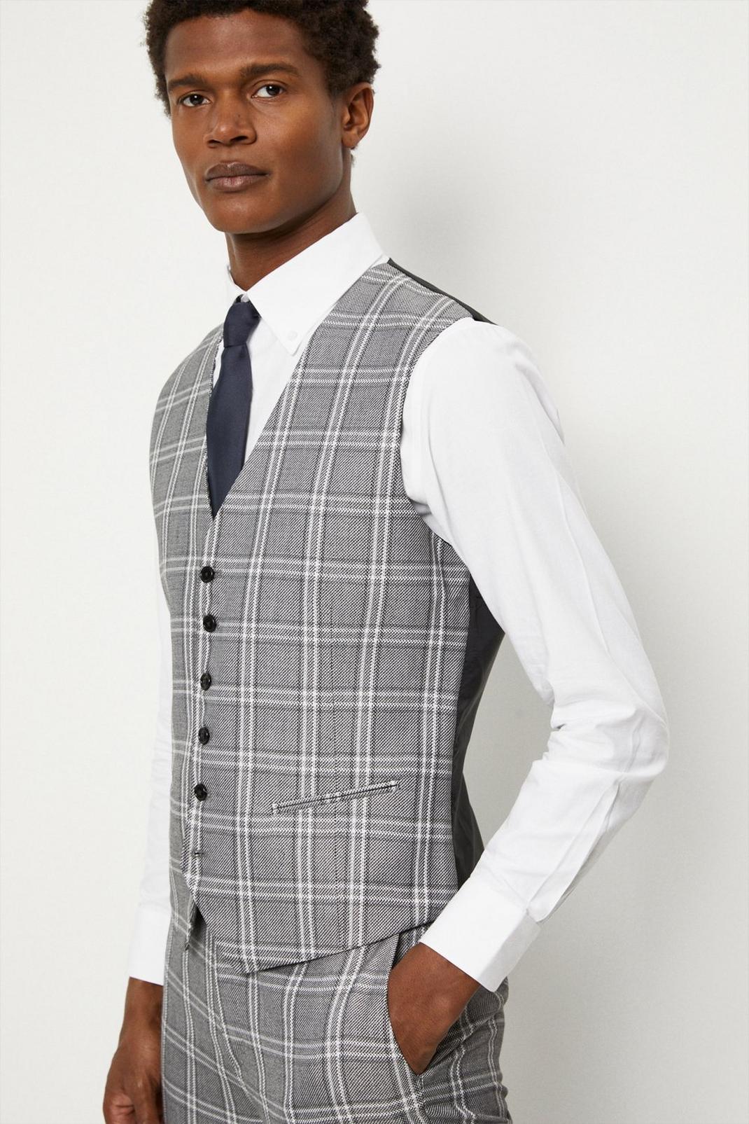 Grey Textured Check Waistcoat image number 1