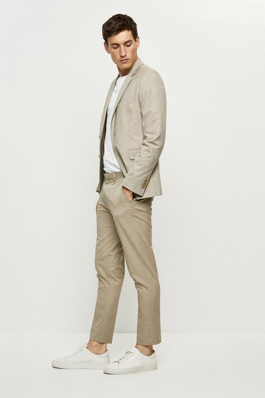 Skinny Fit Neutral Pow Check Three-Piece Suit