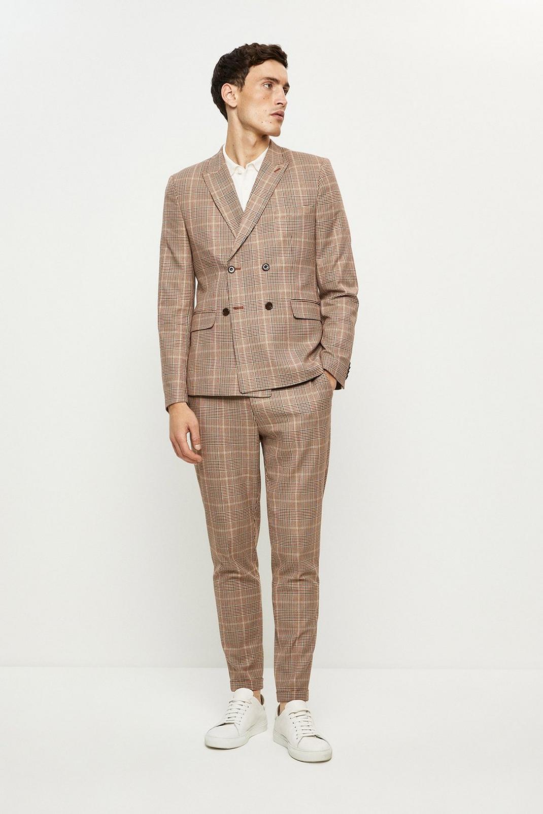 Skinny Fit Red Pow Check Double Breasted Suit Jacket image number 1
