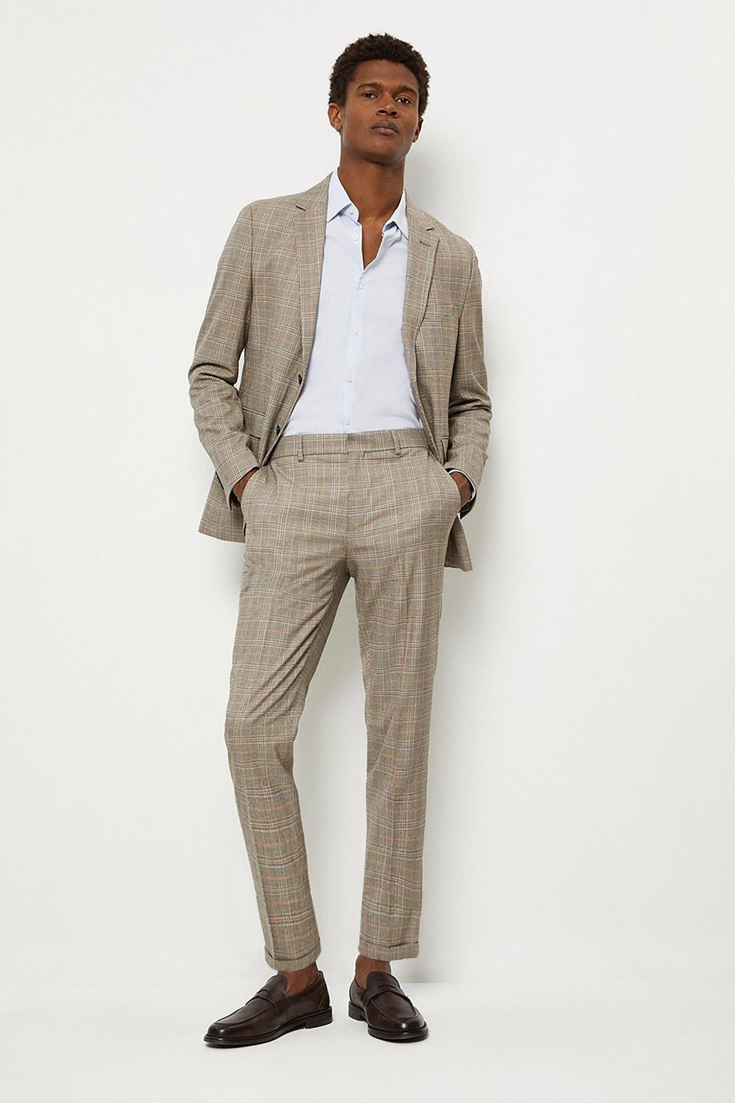 Skinny Fit Brown Textured Check Suit Jacket image number 1