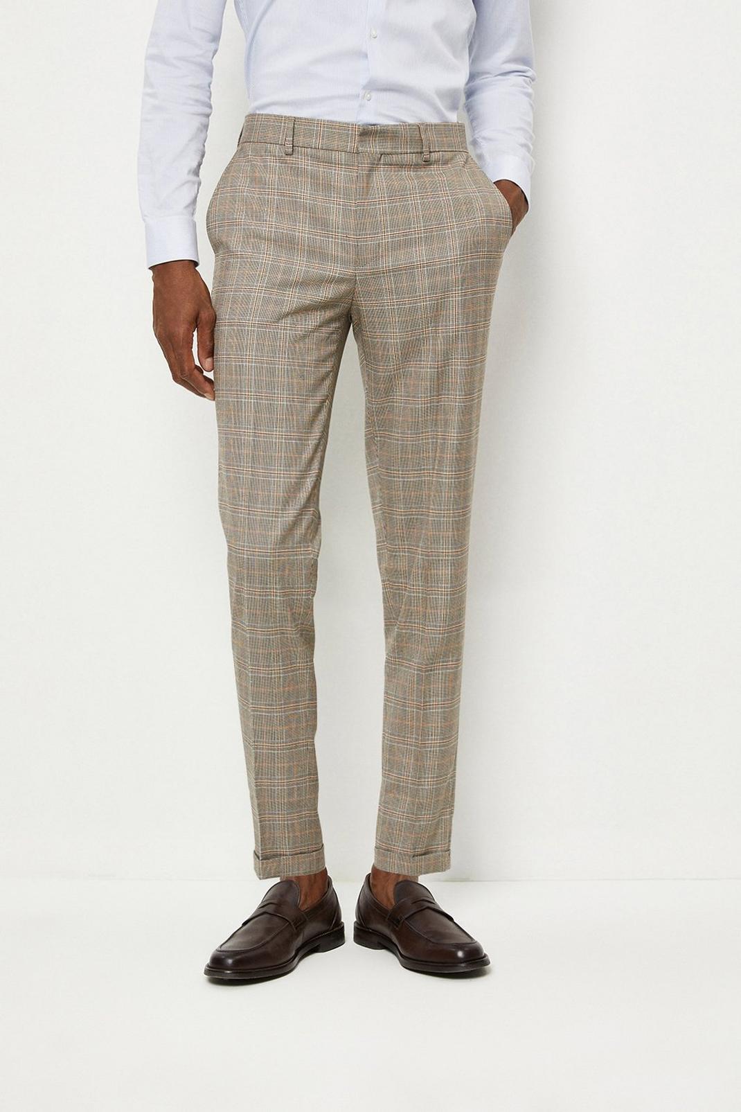 Skinny Fit Brown Textured Check Suit Trouser image number 1