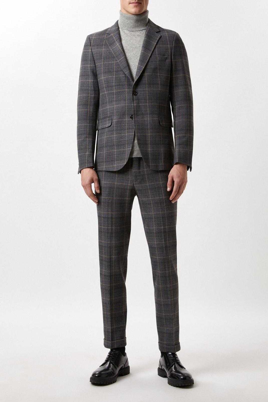 Slim Fit Brown Overcheck Three-Piece Suit image number 1